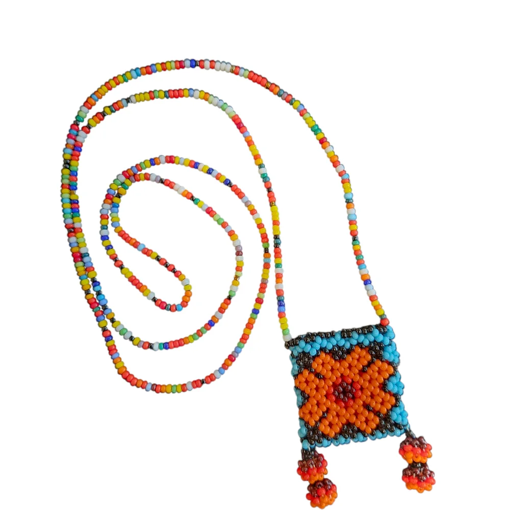 NWT - Colorful Handmade Beaded Necklace with Floral Medicine Pouch